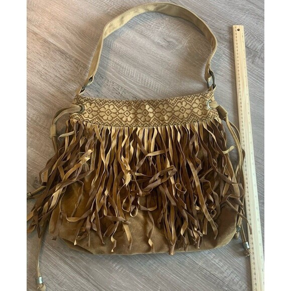 Roxy Tan Suede Fringe Hobo Style Shoulder Purse Bag Bohemian Oversized Large - Picture 1 of 6